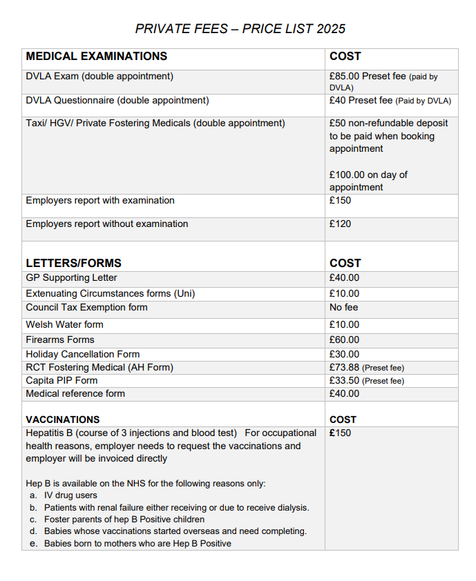 Private Fees List